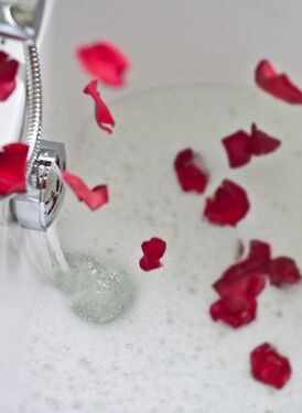 Rosenblüten in einer mit Wasser gefüllten Badewanne